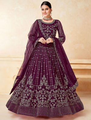 Wine Net Anarkali Suit With Heavy Embroidery Work small FABSL21406