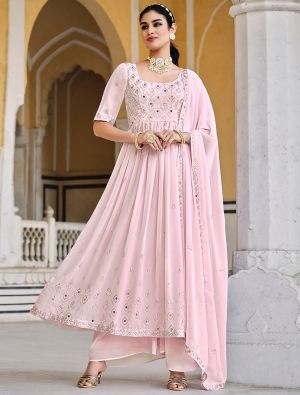Baby Pink Georgette Palazzo Suit With Mirror Embroidery small FABSL21482