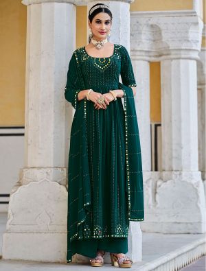 Dark Green Georgette Palazzo Suit With Mirror Embroidery small FABSL21481