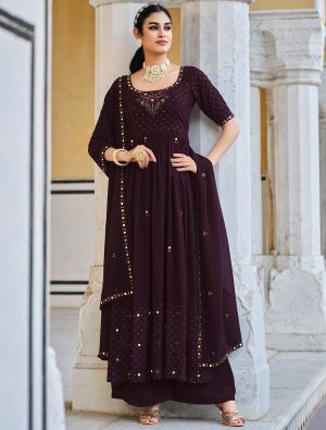 Dark Purple Georgette Palazzo Suit With Mirror Embroidery small FABSL21479