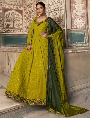 lime green premium georgette designer gown with dupatta small fabgo20196