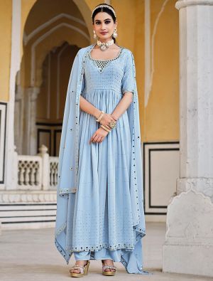 Sky Blue Georgette Palazzo Suit With Mirror Embroidery small FABSL21484