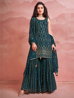 Dark Teal Pure Georgette Readymade Sharara Suit FABSL21505