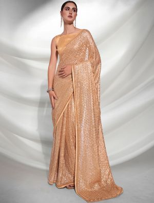 Golden Beige Fancy Georgette Saree With Heavy Sequins