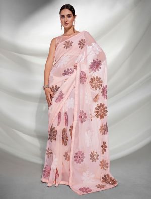 Light Peach Fancy Georgette Saree With Heavy Sequins