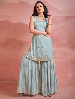 Pastel Green Pure Georgette Readymade Sharara Suit FABSL21503