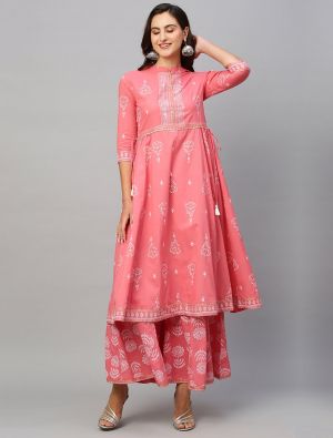 pink pure cotton printed kurti with bottom fabku20758