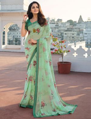 Pista Green Floral Printed Party Wear Georgette Saree