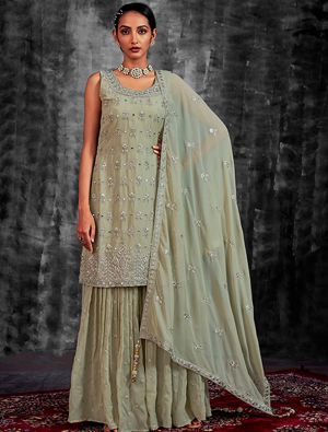 Pista Green Pure Georgette Readymade Sharara Suit FABSL21497