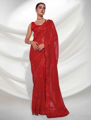 Rich Red Fancy Georgette Saree With Heavy Sequins