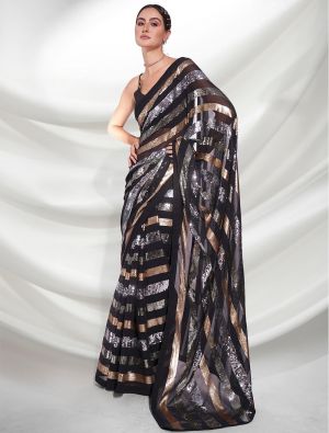 Shiny Black Fancy Georgette Saree With Heavy Sequins