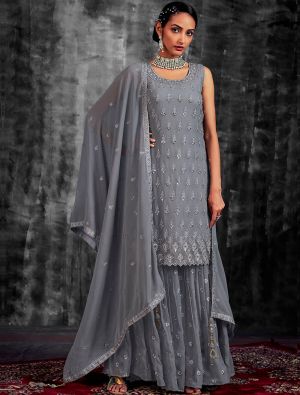 Steel Grey Pure Georgette Readymade Sharara Suit FABSL21499