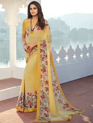 Yellow Floral Printed Party Wear Georgette Saree