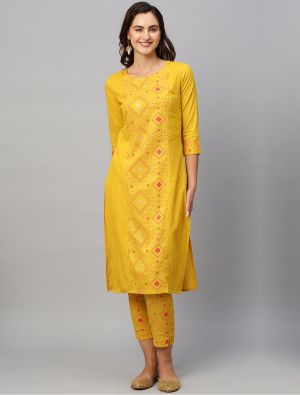 yellow pure cotton printed kurti with bottom fabku20761