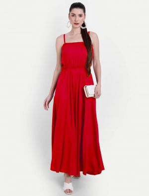bright red viscose rayon flared sleeveless maxi dress fabku20818