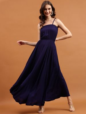 navy blue viscose rayon flared sleeveless maxi dress fabku20817