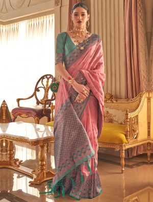 Pink Bamboo Silk Saree With Copper Zari Weaving