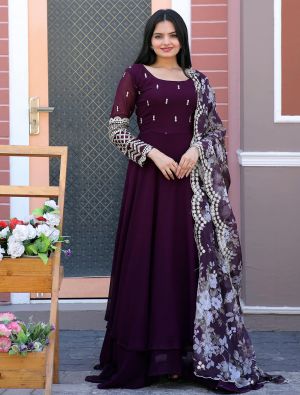 wine georgette embroidered readymade gown with dupatta fabgo20222