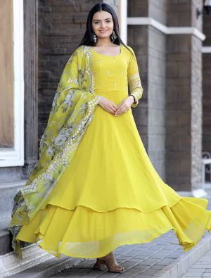 yellow georgette embroidered readymade gown with dupatta fabgo20223