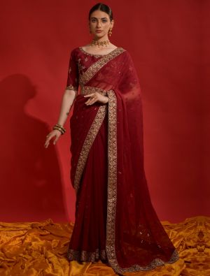 Crimson Red Party Wear Georgette Saree With Sequins