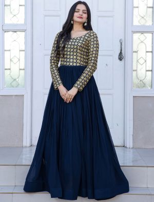 dark blue georgette readymade gown with zari and sequins fabgo20224