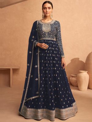 Dark Blue Georgette Semi Stitched Sequined Anarkali Suit small FABSL21550