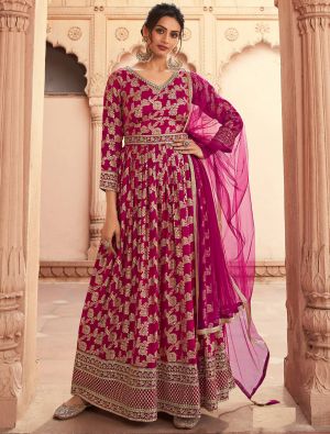 Dark Pink Dola Silk Semi Stitched Anarkali Suit small FABSL21557