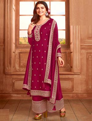 Dark Pink Silk Georgette Embroidered Palazzo Suit small FABSL21513