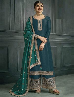 Deep Aqua Silk Georgette Embroidered Palazzo Suit small FABSL21519