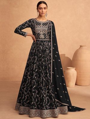 Deep Black Georgette Semi Stitched Sequined Anarkali Suit small FABSL21556