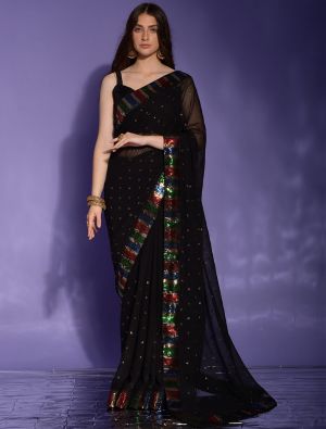 Deep Black Party Wear Georgette Saree With Sequins