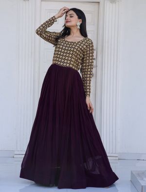 deep wine georgette readymade gown with zari and sequins fabgo20225