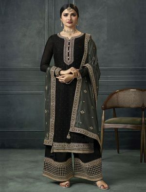Glaze Black Silk Georgette Embroidered Palazzo Suit small FABSL21524