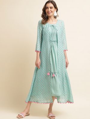 light blue rayon cotton women dress with printed shrug fabku20829