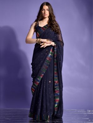 Midnight Blue Party Wear Georgette Saree With Sequins
