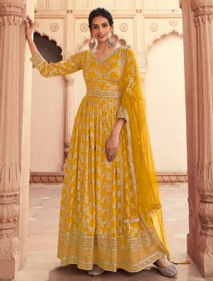 Mustard Yellow Dola Silk Semi Stitched Anarkali Suit small FABSL21558