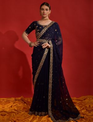 Navy Blue Party Wear Georgette Saree With Sequins