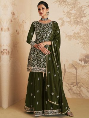 Olive Green Georgette Semi Stitched Sharara Suit small FABSL21546