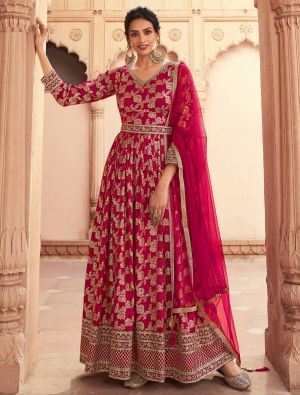 Pinkish Red Dola Silk Semi Stitched Anarkali Suit small FABSL21560