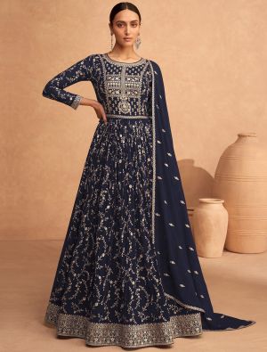 Rich Blue Georgette Semi Stitched Sequined Anarkali Suit small FABSL21554