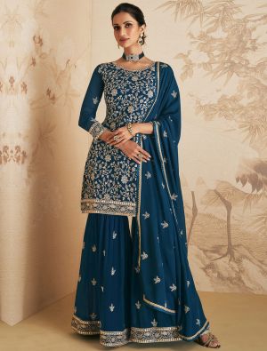 Teal Blue Georgette Semi Stitched Sharara Suit small FABSL21544