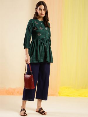 bottle green chinon embroidered casual top fabku20839