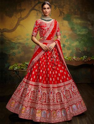 Bright Red Premium Silk Designer Bridal Lehenga Choli small FABLE20356