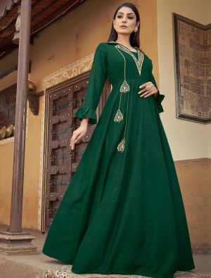 deep green muslin readymade gown with thread embroidery fabgo20244
