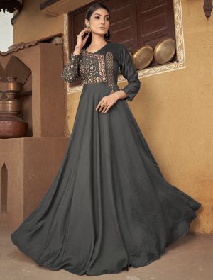 deep grey muslin readymade gown with thread embroidery fabgo20247