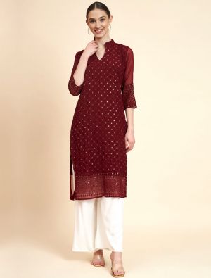 maroon georgette kurti with sequins embroidery fabku20835