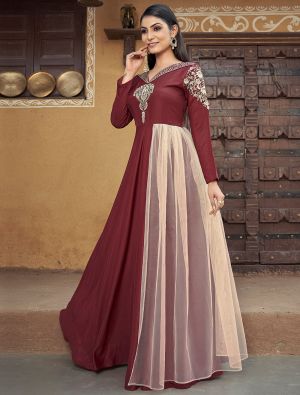 maroon muslin readymade gown with thread embroidery fabgo20248