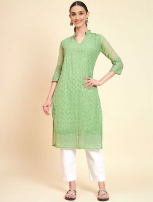 pista green georgette kurti with sequins embroidery fabku20831