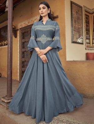 steel grey muslin readymade gown with thread embroidery fabgo20243
