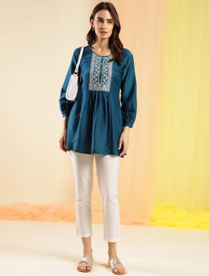 teal chinon embroidered casual top fabku20840
